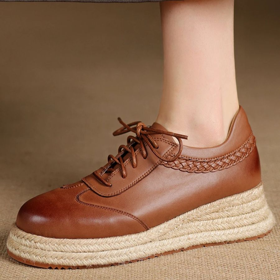 Espadrille Wedge Shoes - EAGSITY Cow Leather brown oxford shoes